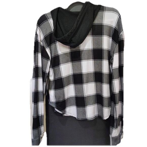 NWT No Boundaries Hoodie Womens Black/White Plaid Long Sleeve Shirt Size LRG - Picture 10 of 11